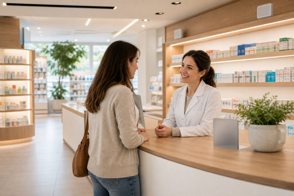 Atención cercana en una farmacia moderna con música ambiental discreta