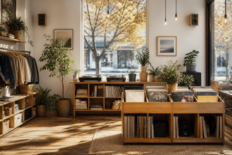 Tienda contemporánea con ambiente musical renovado y coherente