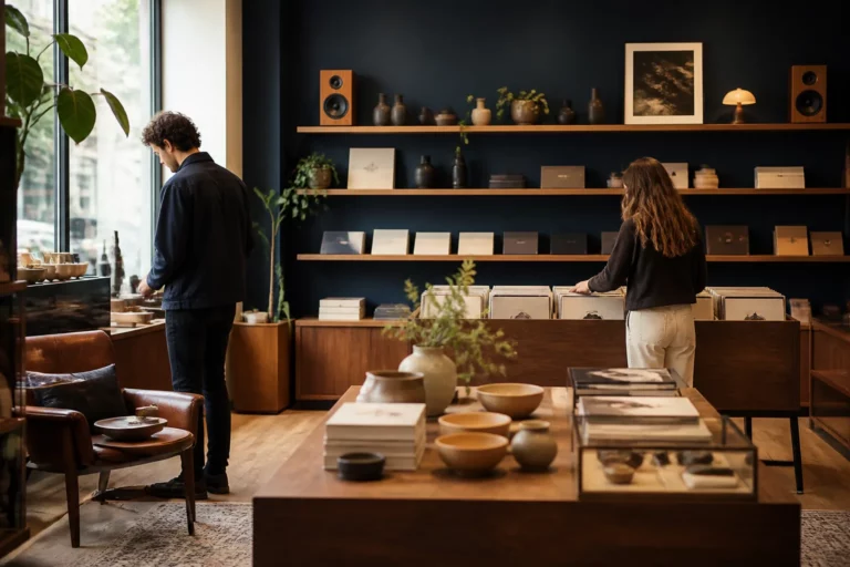 Interior de tienda cuidada con música ambiental y altavoces discretos