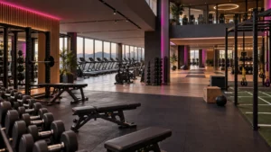 Interior de un gimnasio con varias zonas de entrenamiento y música ambiental.