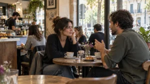 Dos clientes mantienen una conversación distendida en una cafetería con luz natural.