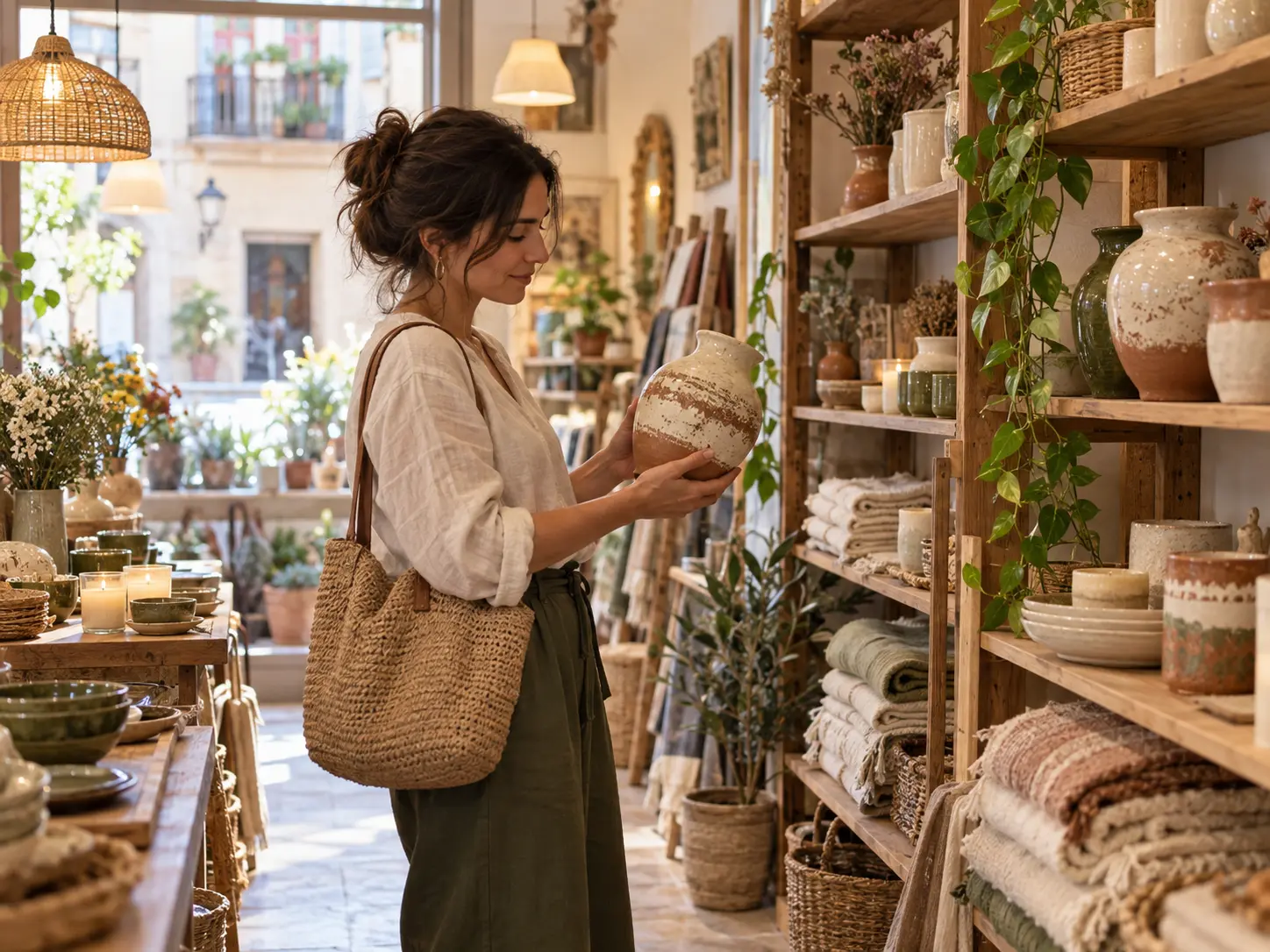 Clienta mirando un jarrón de cerámica en una tienda de decoración y hogar