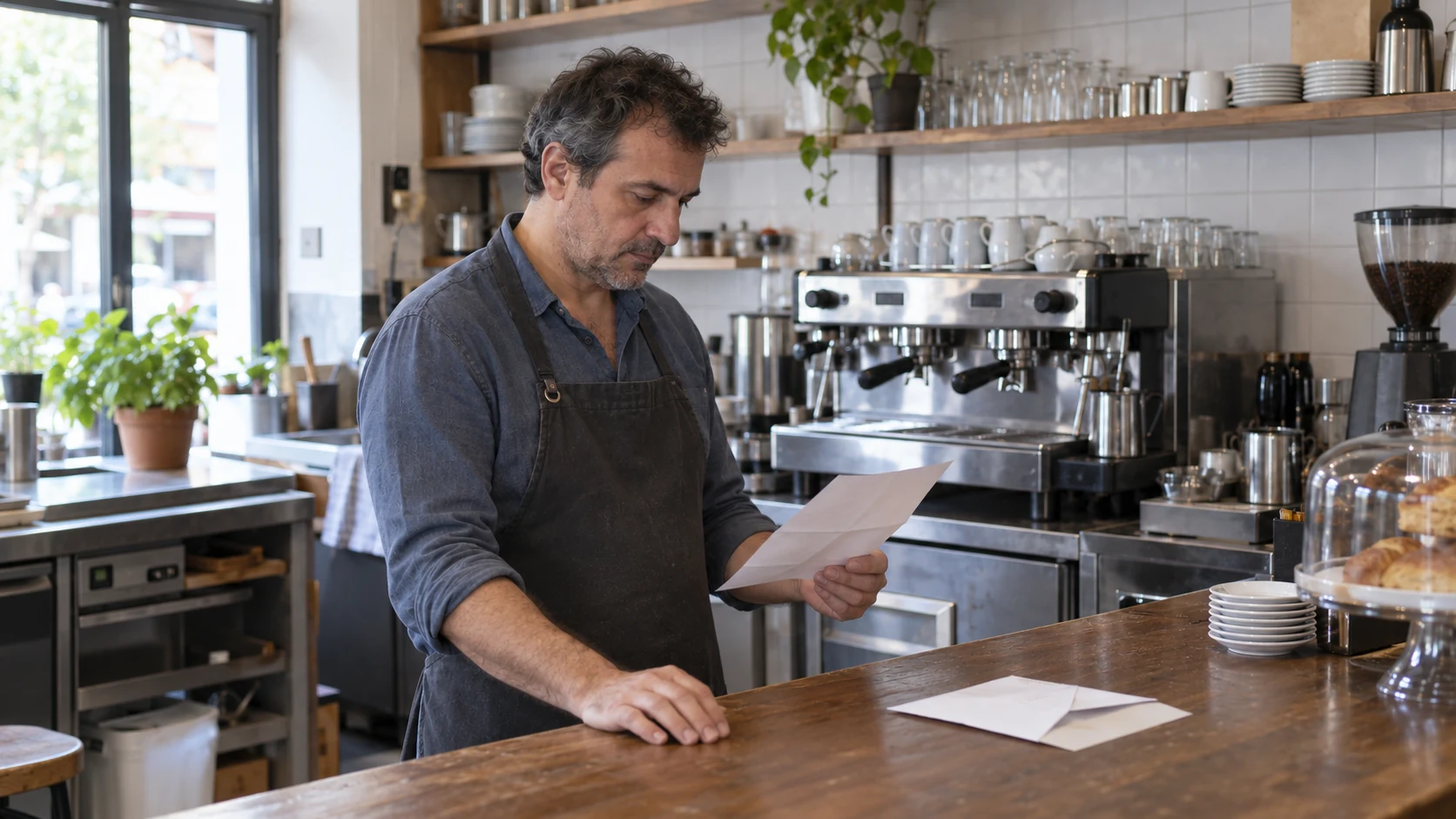 Responsable de un bar lee una carta detrás de la barra, con luz natural.